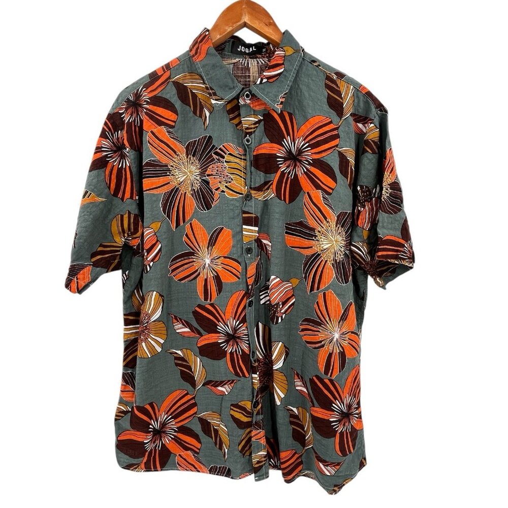 JOGAL Men's Green Floral Short Sleeve Button Down Shirt XL